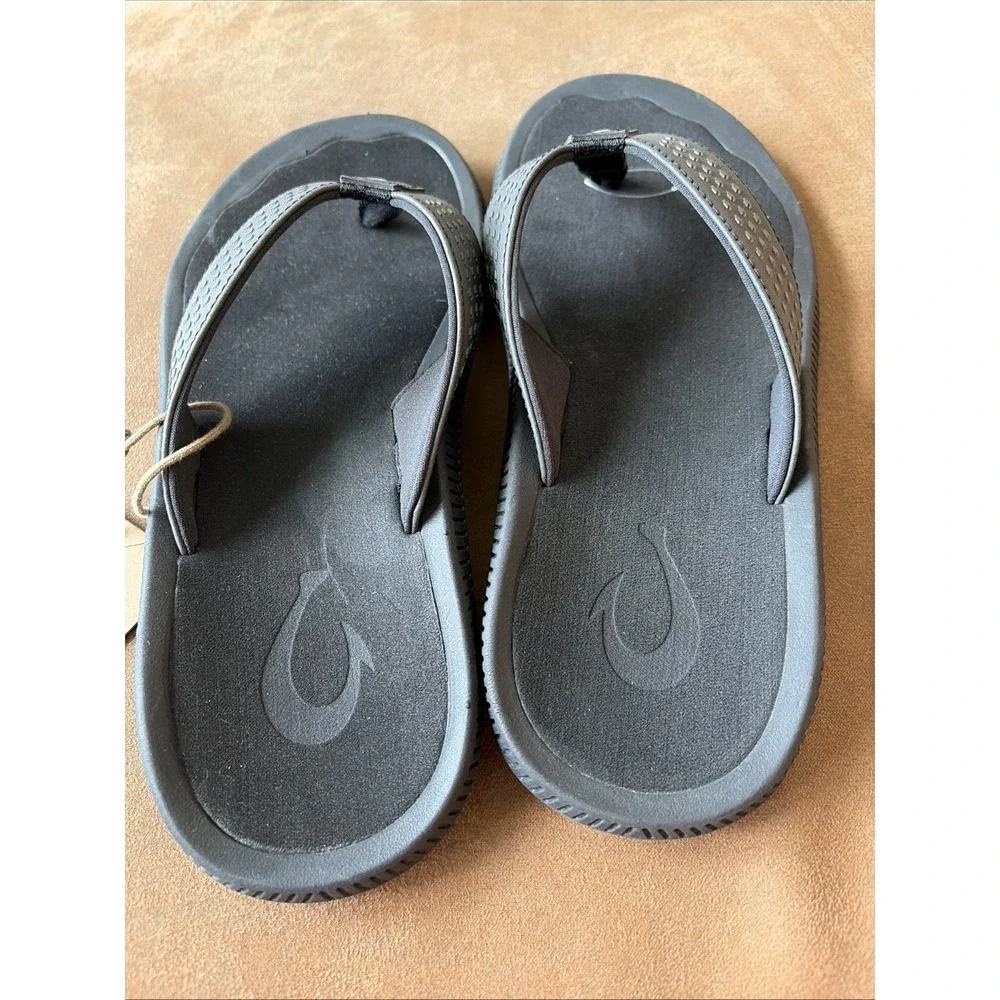 OluKai Ulele Mens Sandals Black Flip Flops 10435-4040 Size 7